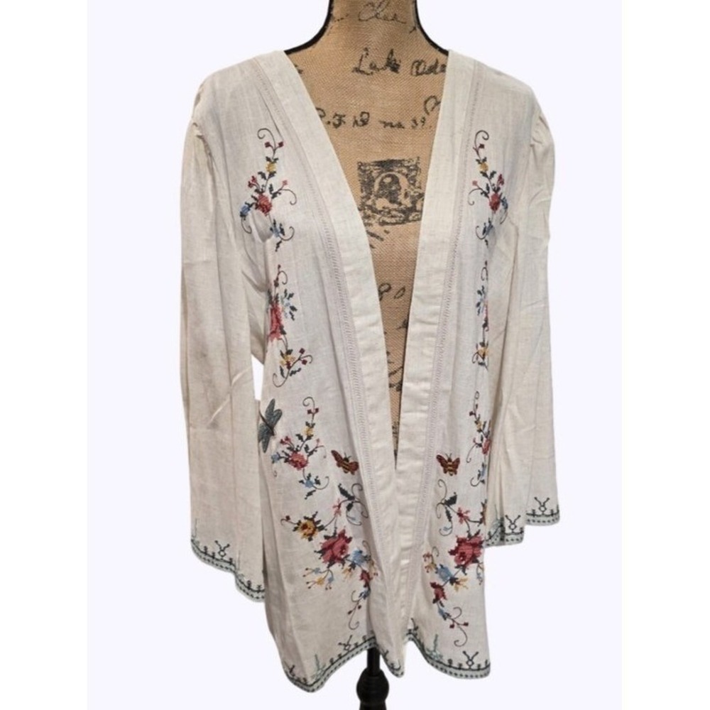 Solitaire Cream Linen Blend Embroidered Floral Butterfly Kimono Cardigan plus 2X - Picture 1 of 13